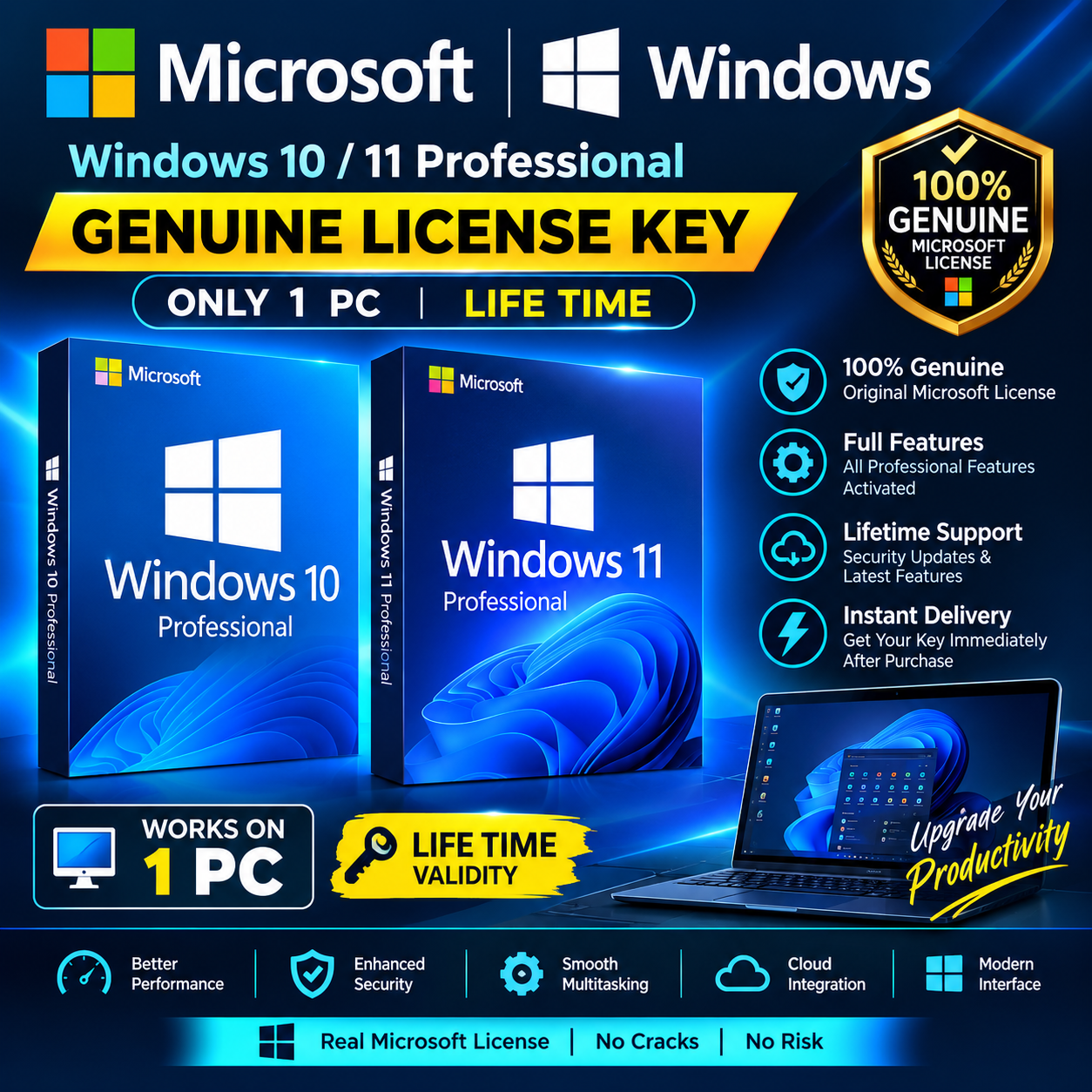 Microsoft Windows 10 / 11 Professional Genuine License Key Only 1 PC Life Time